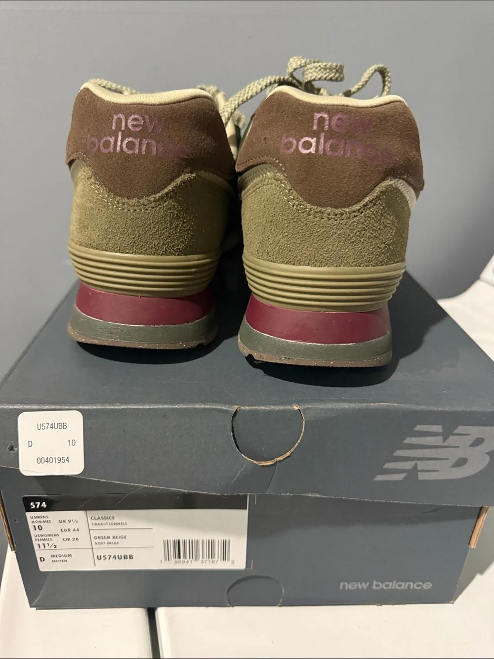 New Balance Olive and Tan “Green Beige” Retro 574 Sneakers with Burgundy Accent - Picture 2 of 5
